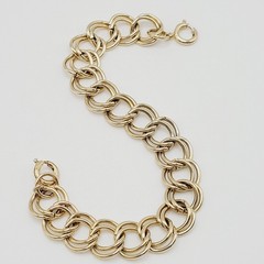 Fancy Double Circular Link Fancy Curb Shiny Gold Tone Vintage Chain Bracelet
