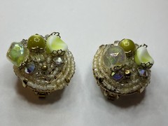 Vintage Hobe Couture Beaded Cluster Clip Earrings Green Glass AB Crystal 1”