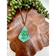 Vintage Carved Glass Pendant Necklace Faux Jade