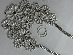 JOAN RIVERS Silver Tone Daisy Bib Necklace w/Translucent Black Rhinestones