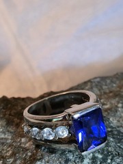 VINTAGE KC 925 STERLING SILVER & BLUE CUBIC ZIRCONIA STATEMENT RING SIZE 5