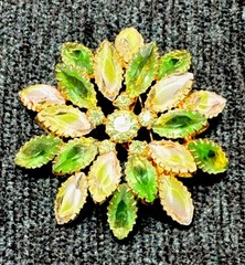 Gold-tone Brooch With Lime Green Givré And Opalescent Marquise-Cut Rhinestones