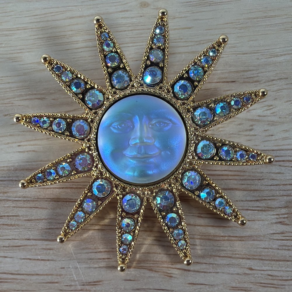 Kirks Folly Gold Tone Moon Face Cameo Star Sun Brooch AB Rhinestone