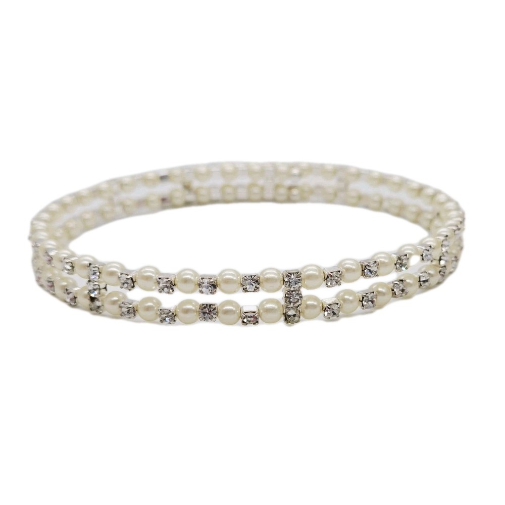 Faux Pearl Choker Necklace Silver tone wrap Bead Accent Statement Couture 15 in