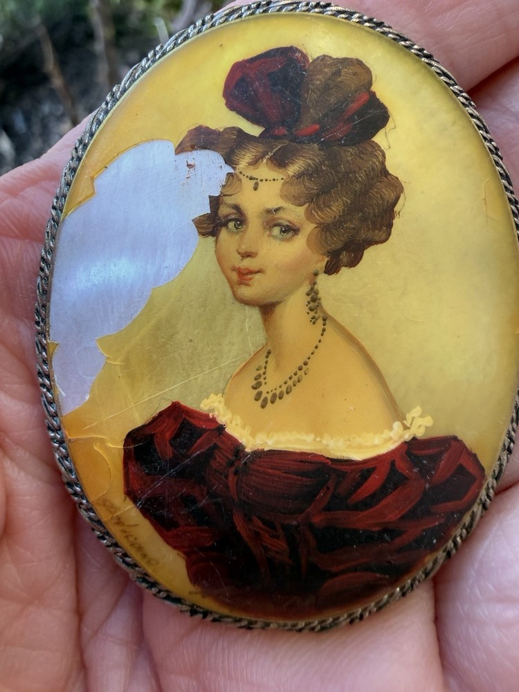 Antique Silver Brooch Hand Painted Signed Painted Portrait Cameo Of Woman READ