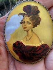 Antique Silver Brooch Hand Painted Signed Painted Portrait Cameo Of Woman READ