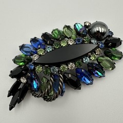 Vintage Rhinestone Brooch Blue Green Black Navette Cabochon Layered Statement