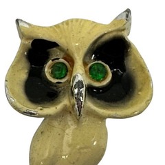 Vintage 1960s White Enamel Pin Owl Branch Brooch Green Rhinestone Eyes