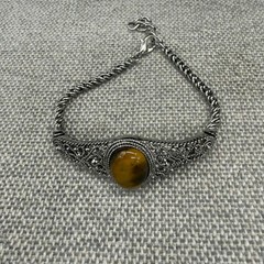 Vintage Bracelet Filigree Silver Tone Tiger Eye Center Stone Adjustable