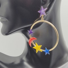 Stars Crescent Moon Colorful Enamel Metal Gold Tone Round Hoop Pierced Earrings