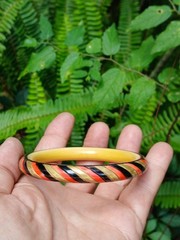 Vintage Art Deco Celluloid Bracelet Bangle Candy Striped Carved A Real Find!