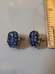 Vintage Handmade Studded Beads Blue Sequins Ornate Clip-On Screw Earrings K50