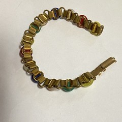 Vtg Multicolor Glass Cabochon Brass Bracelet Fold over Clasp 7.25”