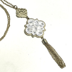 Gold & Silver Toned Pendant with Link Chain Tassel on 34″ Gold Toned Necklace