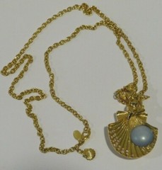 Vintage KIRKS FOLLY Fairy Angel Shell BLUE Faux Pearl Brooch Pin Necklace Chain