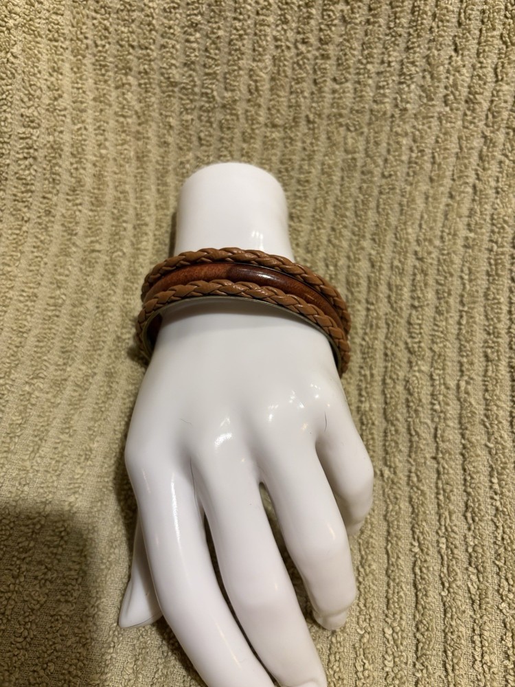 3 Vintage Bangles Wood, Leather, And Gold Tone