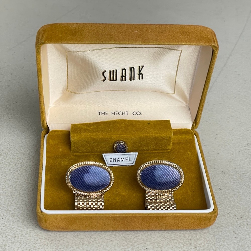 Swank Purple Enamel Cufflinks & Tie Tack Set 1950s Gold Tone Metal Ovals