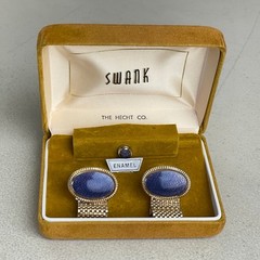 Swank Purple Enamel Cufflinks & Tie Tack Set 1950s Gold Tone Metal Ovals