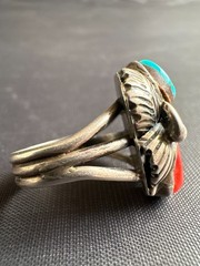Vintage Silver Native American JW Turquoise & Coral Ring Size 6.5 US