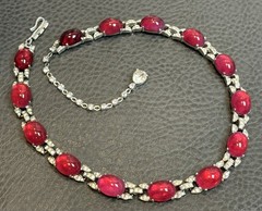 RARE ART DECO JOMAZ Or MAZER Faux Ruby Cabochon Rhinestone SILVER TONE Necklace
