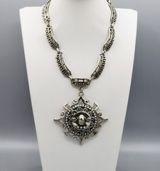 1970-80s Silver Tone Greek Key Revival Helios Sun God Face Pendant Necklace