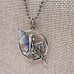 Vintage 90s Silver Tone Enamel Fairy Pendant Necklace Ball Chain Boho Jewelry