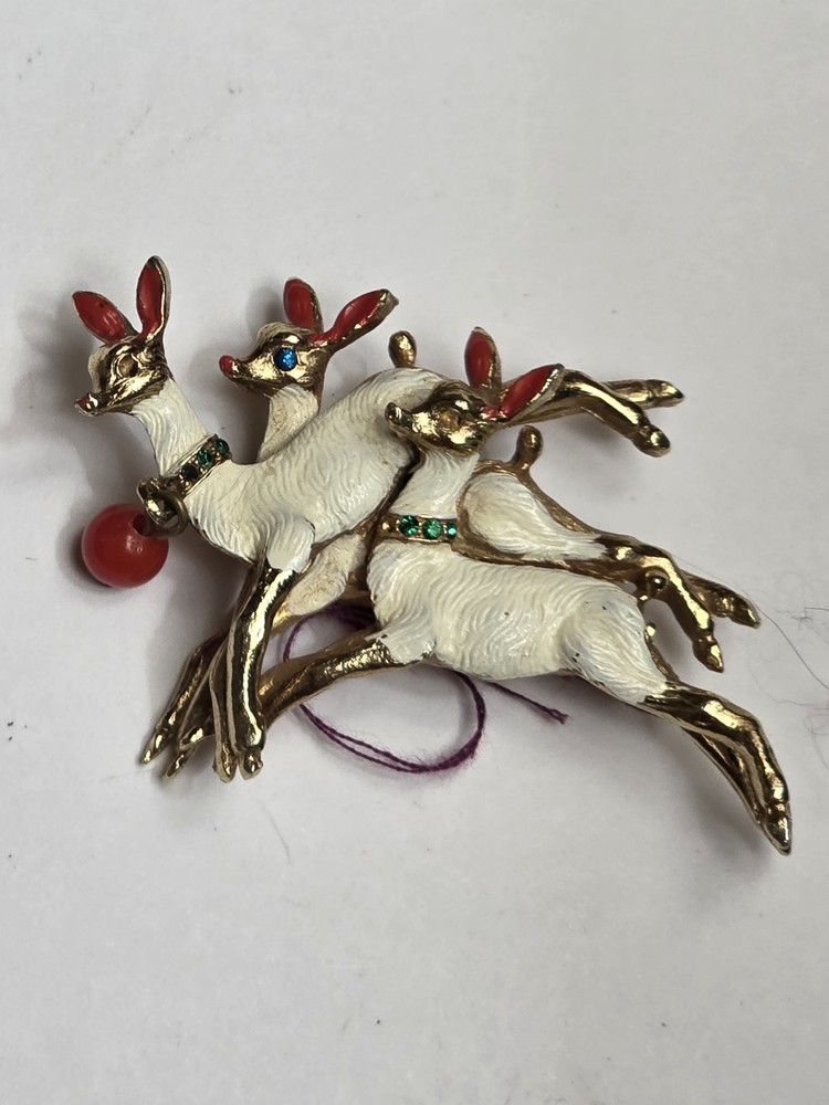 Vintage Christmas Leaping Reindeer Pin Brooch Rhinestones