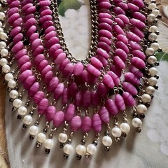 Vintage Pink Art Glass Faux Pearl Fringe Bib Statement Necklace Dramatic Runway