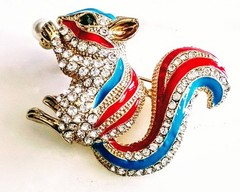 PATRIOTIC SQUIRREL BROOCHCostume Pearl Nut.Red/White/Blue Enamel Rhinestone Pin!