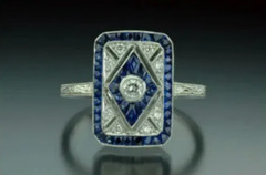 Art Deco Style 1.00Ct Lab-Created Diamond & Sapphire Ring 14K White Gold Finish