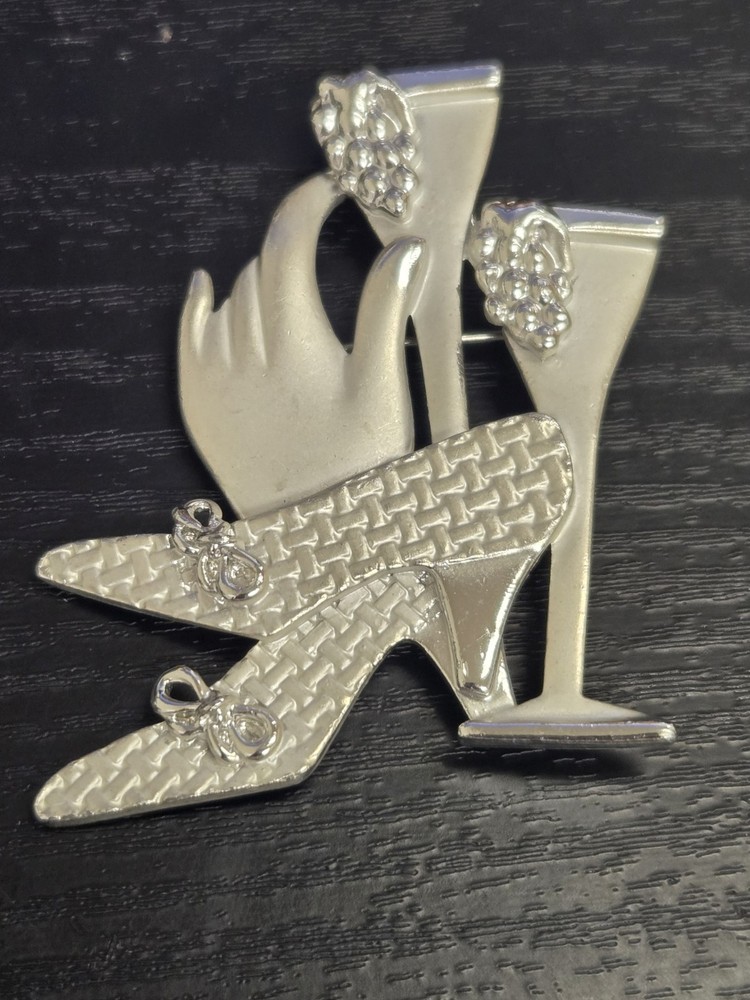 Vintage 80s Silver Tone Cocktail Party Brooch | High Heels, Wine Glasses Grapes