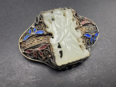 Antique Silver Cloisonne Carved Green Jade Pin/Brooch