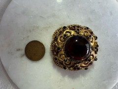 Signed Florenza Large Amber Glass Cabochon Rhinestone Gold Tone Vintage Brooch