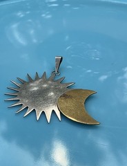 Mexico 925 Sterling Silver Vintage Crescent Copper Moon & Sun Pendant 13.6