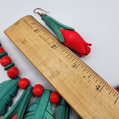 Vintage Red Rose Necklace & Earrings Set Carved Wood Look Folk Art 1960s