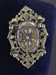 Vintage Signed ART Arthur Pepper Brooch Mother Of Pearl Revival Shield Rhineston