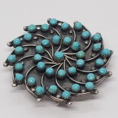 Rare HUBERT JOHNSON Zuni Turquoise Pinwheel Petit Point PENDANT BROOCH 1960s