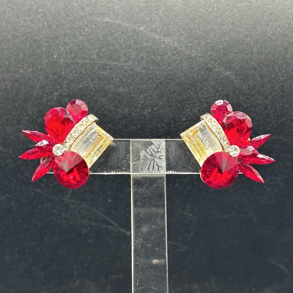 Vintage 80s 90s Stefanie Somers Red Rhinestone Clip On Earrings NOS