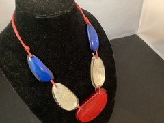 Vintage Red White Blue Adjustable Lucite Bib Necklace Bracelet Earrings MCM MOD