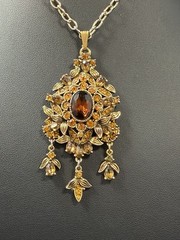 Vintage 60s Hollycraft Ornate Rhinestone Necklace Pendant Yellow Brown Gold Tone