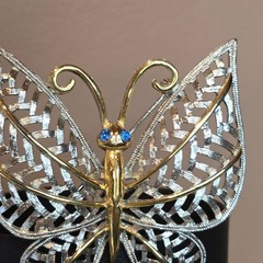 Vintage Avon Butterfly Brooch Silver Gold Tone Filigree Blue crystal Rhinestones