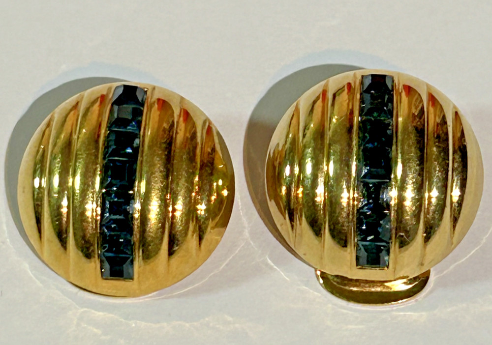 Signed LANVIN GERMANY Gold Metal Blue Stones VINTAGE Clip On Earrings
