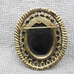 Vintage Cameo Brooch Early Plastic On Black Glass Gold Tone Frame