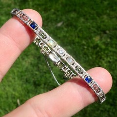 DECO Vintage 14k Solid White Gold Diamond Blue Sapphire Filigree Bracelet 7.25 “