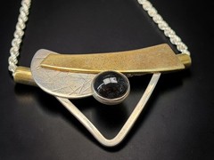 Signed Modernist Mixed Metal 925 Geometric Necklace Onyx Cabochon Pendant 21.1g