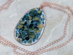 Vintage Enamel on Copper Turquoise Pendant Necklace, Mid Century Modern, 2.5″