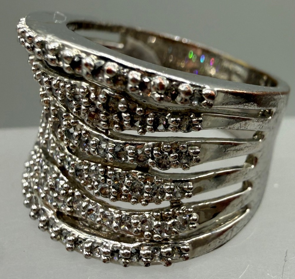 ESTATE VINTAGE 18K WHITE GOLD FILLED MULTI ROW BAND DIAMANTE BEADED RING SIZE 8