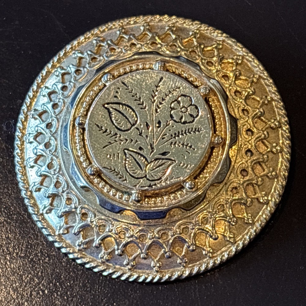 Vintage Gold Tone Domed Floral Etched Round Brooch Pin Openwork Victorian 1.75”