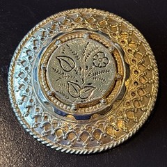 Vintage Gold Tone Domed Floral Etched Round Brooch Pin Openwork Victorian 1.75”