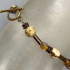 Stone Bracelet Brown Speckled Gemstone Glass Beads Bali Tubes Toggle Vtg 7″